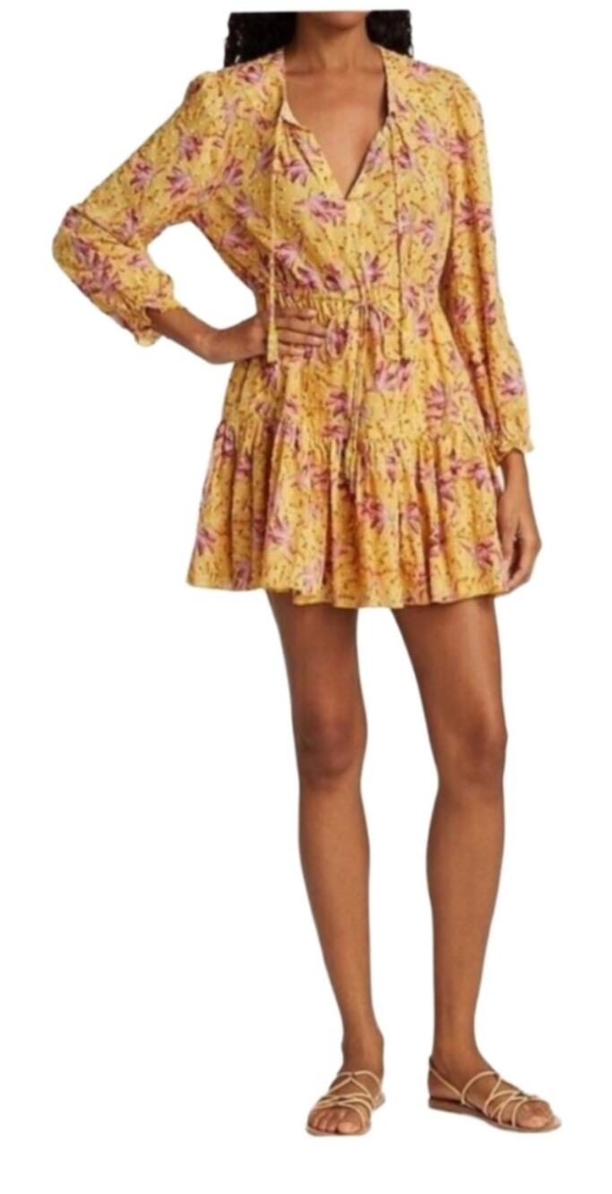 Farm Rio Banana Sunshine Long Sleeve Mini Dress Golden Mustard M